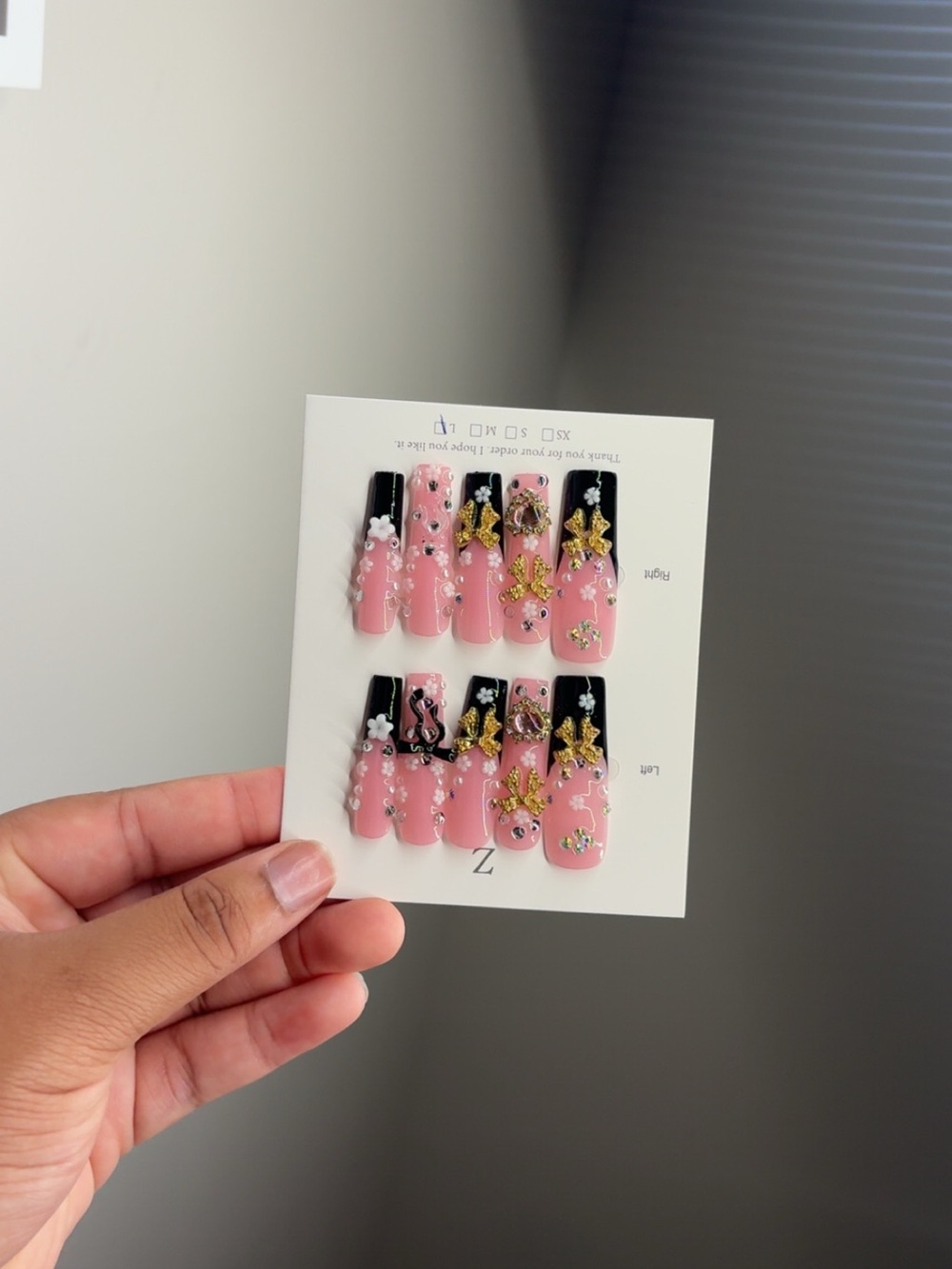 Pink & Black Kids Press-On Nails with Star and Gem Accents
